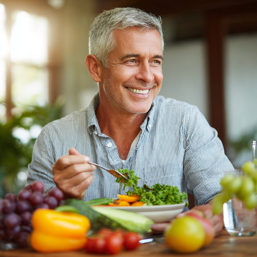 Middle-aged person enjoying healthy balanced meal with fresh vegetables and fruits